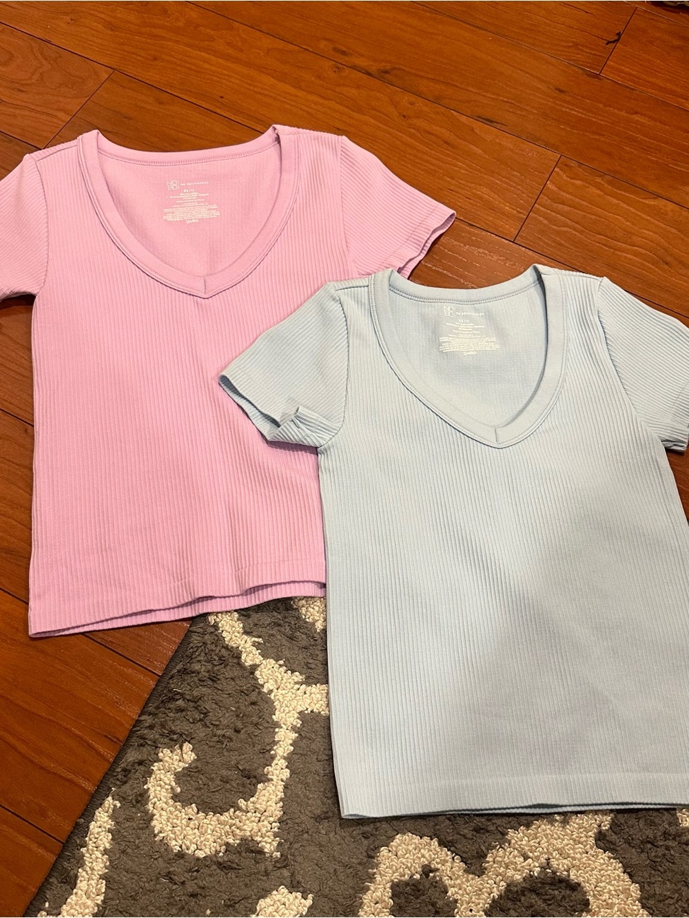 Set of 2 No Boundaries Ribbed V-Neck Tee - Purple & Light Blue Size XS